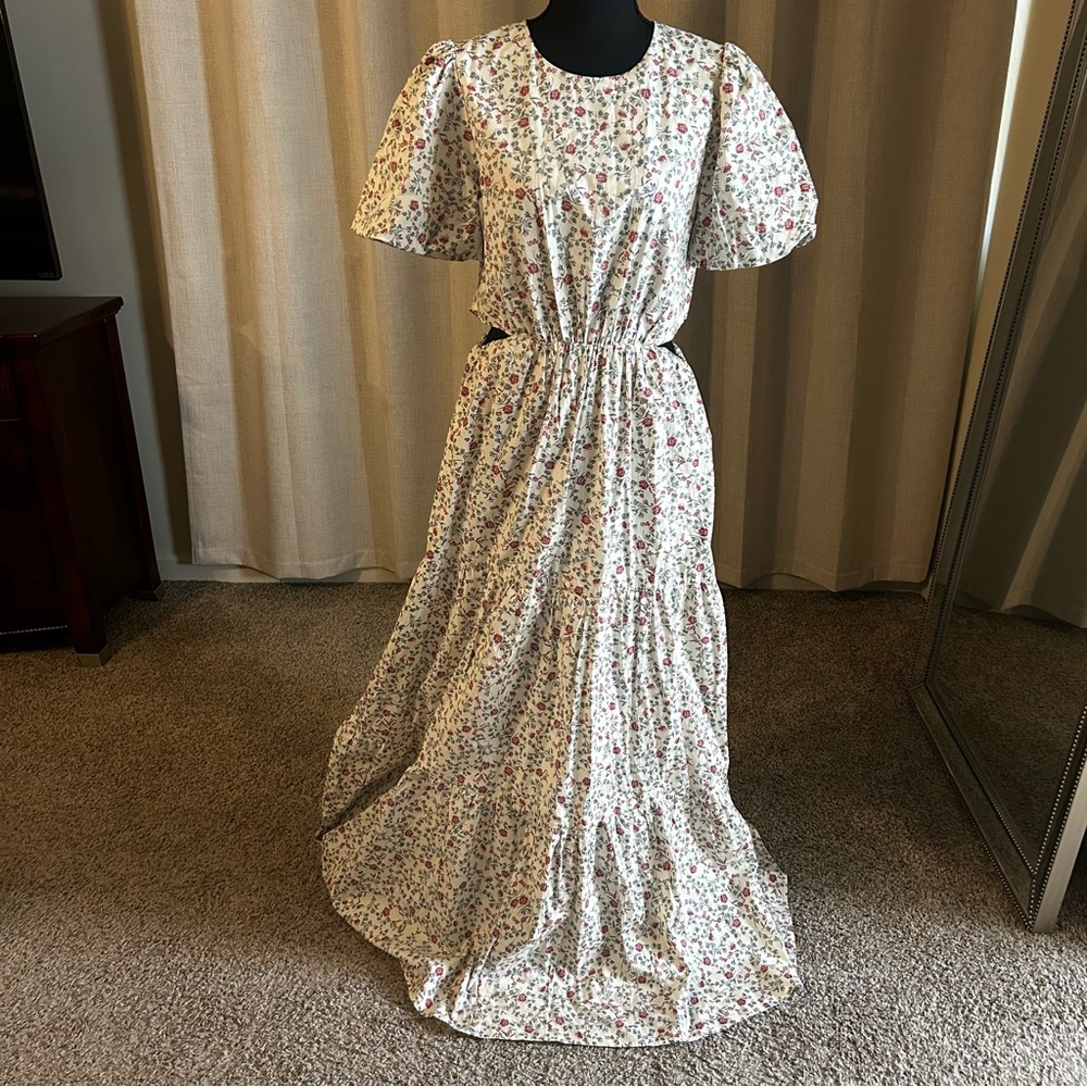 NWT Wayf White Floral Puff-Sleeve Maxi Dress with Pink & Green Print